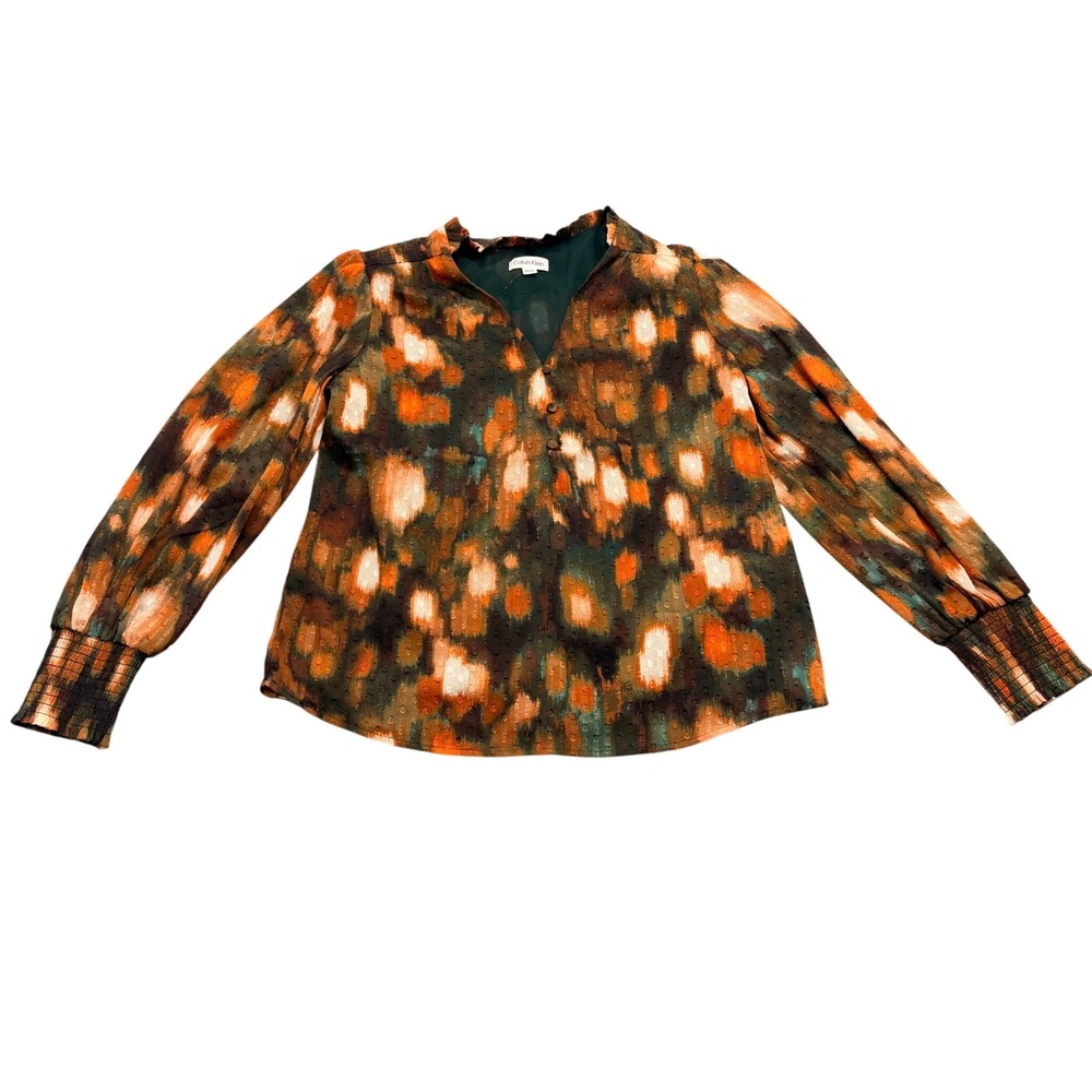 Calvin Klein Womens L Orange Green Abstract Clip Dot V-Neck Blouse Long Sleeve